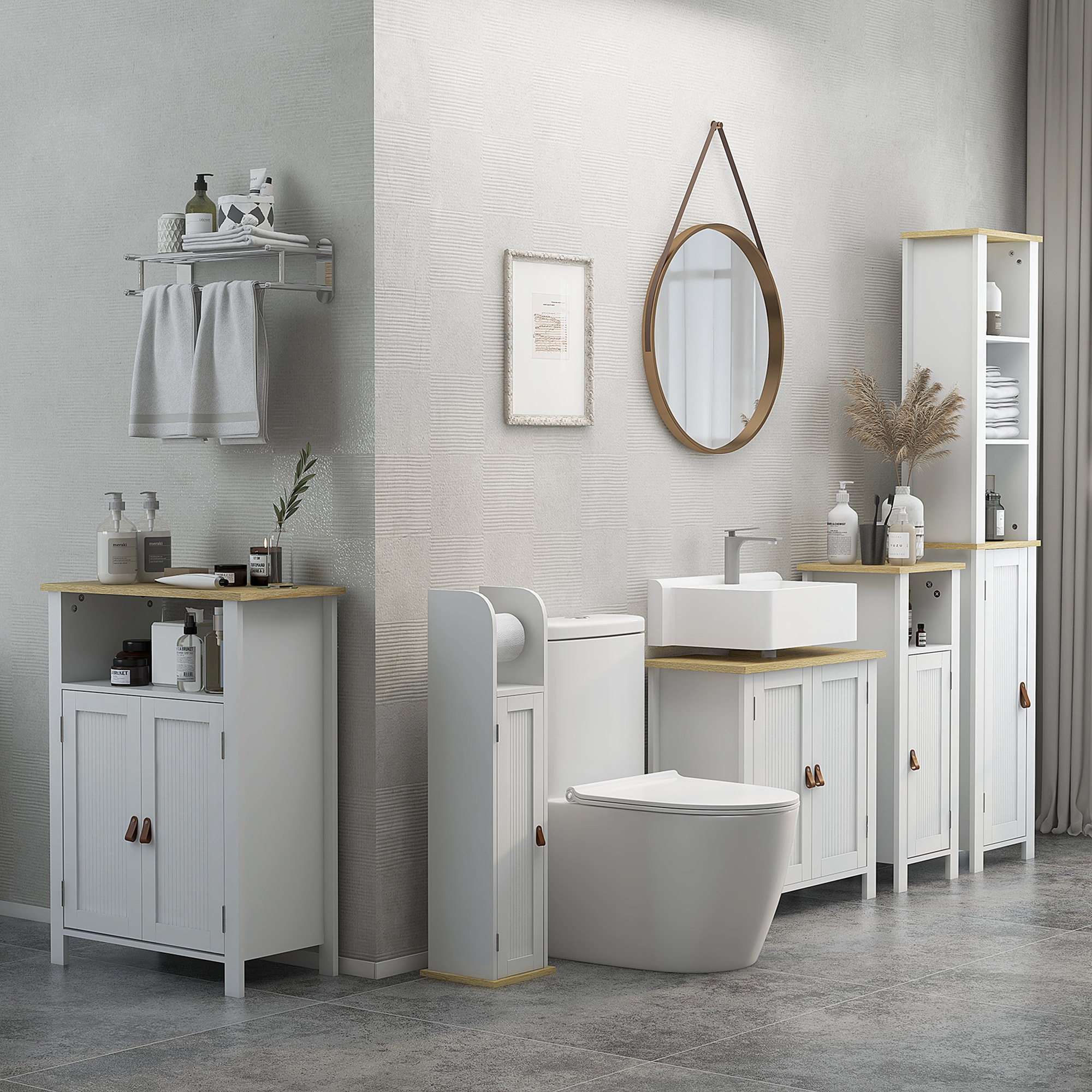 kleankin Mueble Auxiliar de Baño Columna de Baño Armario de Baño con Estantes Abiertos Puerta y Estante Ajustable Diseño Anti-vuelco 34x23x165 cm Blanco