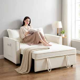 Sofá Cama 2 Plazas 3 en 1, Sofá Cama de Tejido Rizo con Respaldo Ajustable 3 Niveles, Bolsillos Laterales, 2 Almohadas con Fundas Extraíbles para Sala de Estar, Espacios Pequeños, Blanco Crema