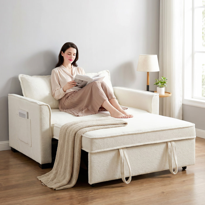 Sofá Cama 2 Plazas 3 en 1, Sofá Cama de Tejido Rizo con Respaldo Ajustable 3 Niveles, Bolsillos Laterales, 2 Almohadas con Fundas Extraíbles para Sala de Estar, Espacios Pequeños, Blanco Crema