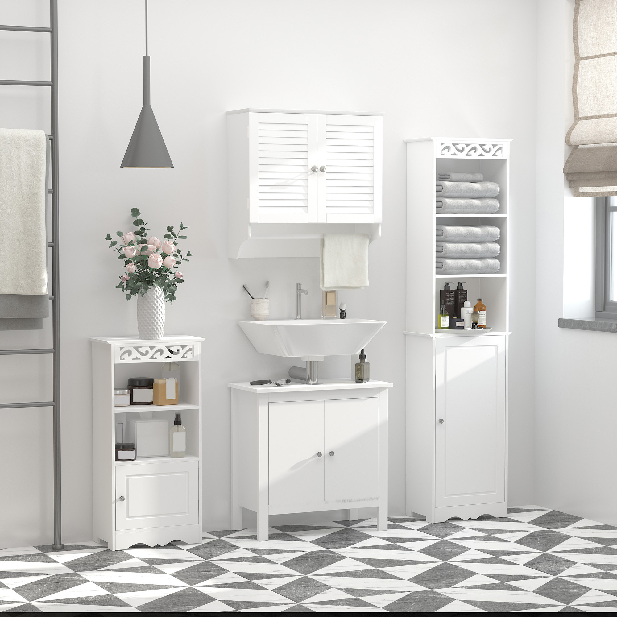 Armoire haute murale salle de bain ou WC - placard 2 portes persiennes avec étagère - porte-serviette - MDF blanc