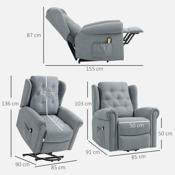 Sillón Relax Reclinable Eléctrico Levanta Personas Sillón Elevador con Respaldo Alto Capitoné Control Remoto Tapizado en Lino y Bolsillos Laterales Gris