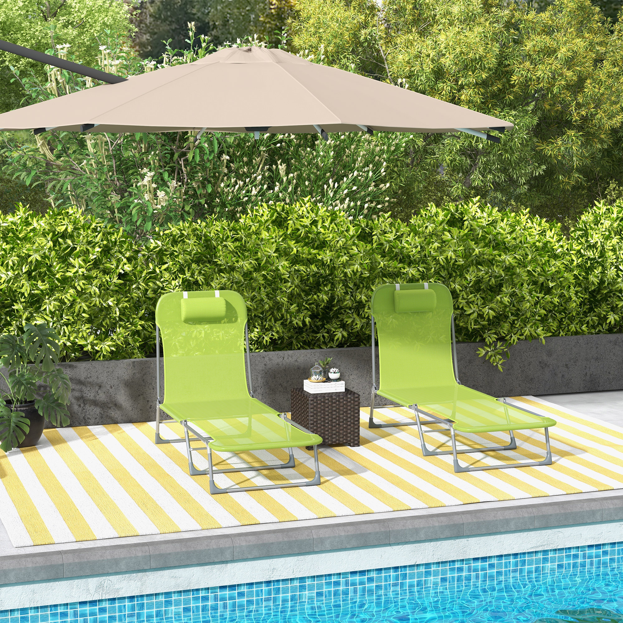 Conjunto de 2 Tumbonas Plegables Tumbonas de Jardín Reclinables con Respaldo Ajustable en 5 Posiciones y Reposacabezas Carga 120 kg para Terraza Piscina Playa 182x56x24,5 cm Verde