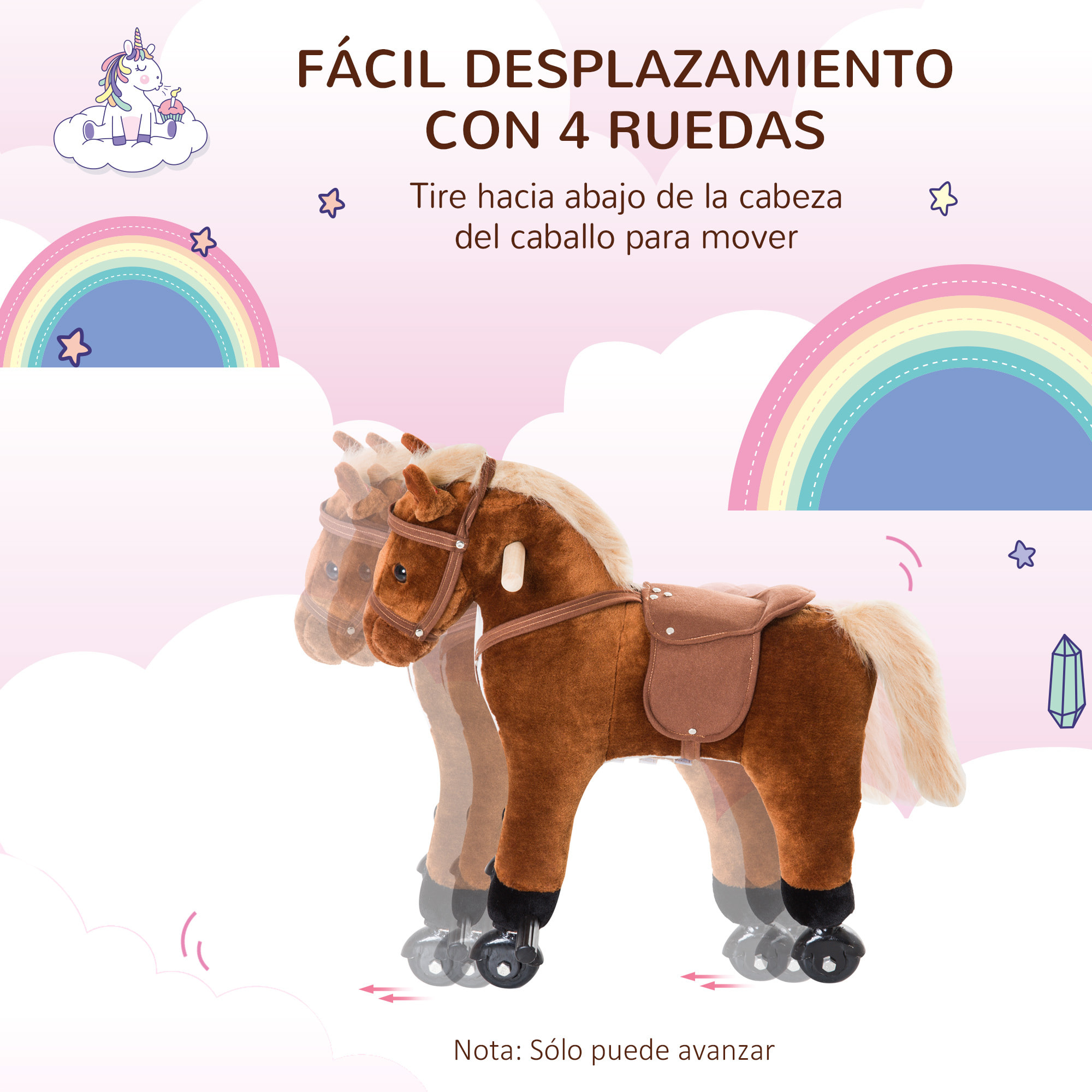 Caballito para Bebes de +2 Años Caballo con Ruedas Sonidos de Relincho Palos y Pedales Carga 60 kg 55x23x60 cm Marrón