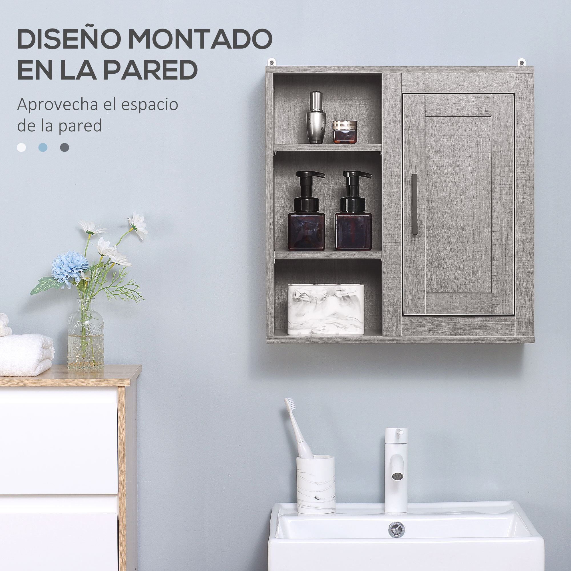 Armario de Baño de Pared con 3 Estantes Abiertos y 1 Puerta para Aseo 48x20x50cm
