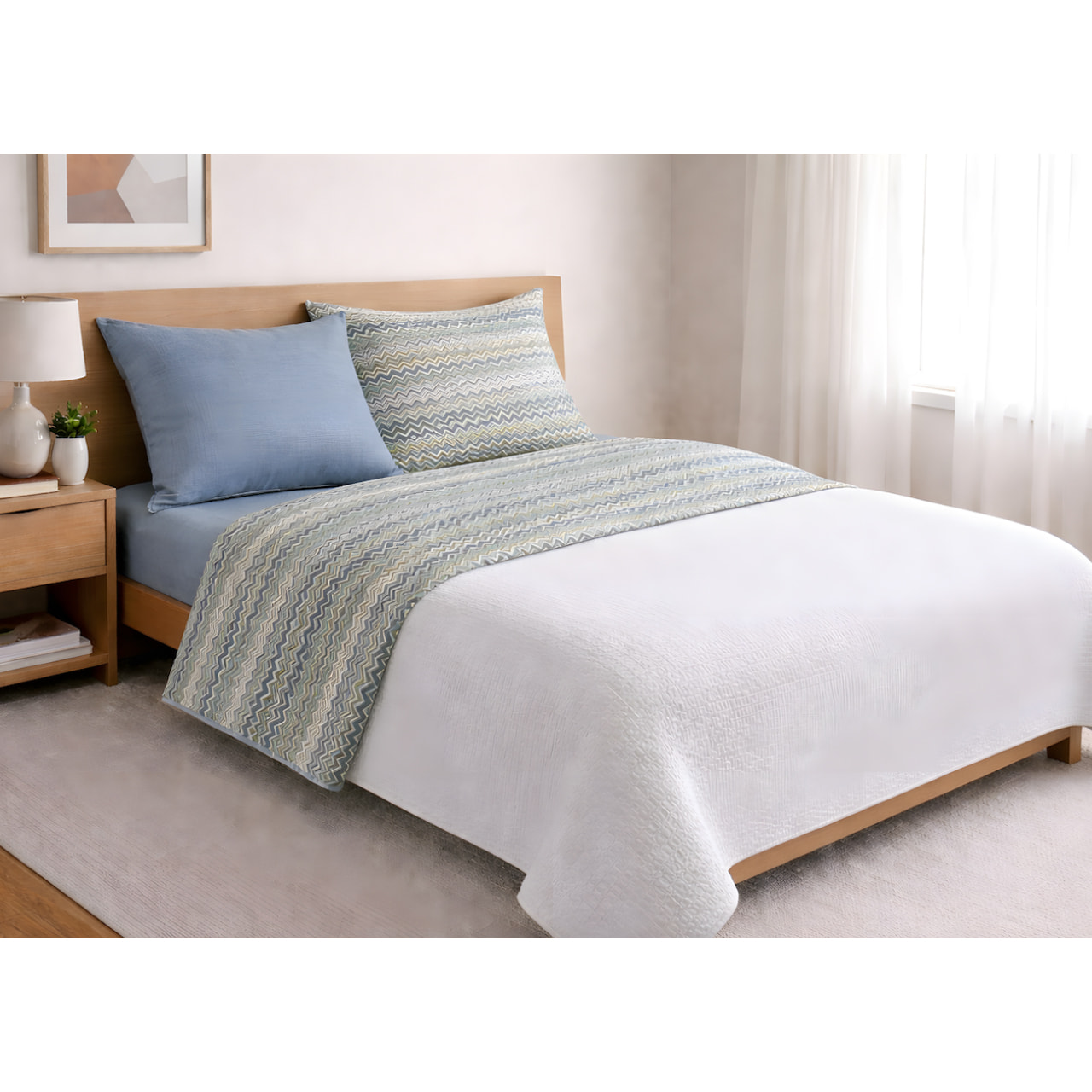 Completo Lenzuola 100% Cotone Made in Italy Fantasia Chevronne Disegno Baia Verde