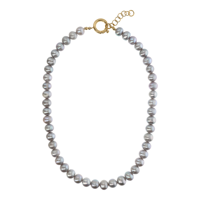 PERLAVIVA - Collana Girocollo in Argento 925 placcato Oro Giallo 18Kt con Perle Grigie d'Acqua Dolce Ø9/10mm