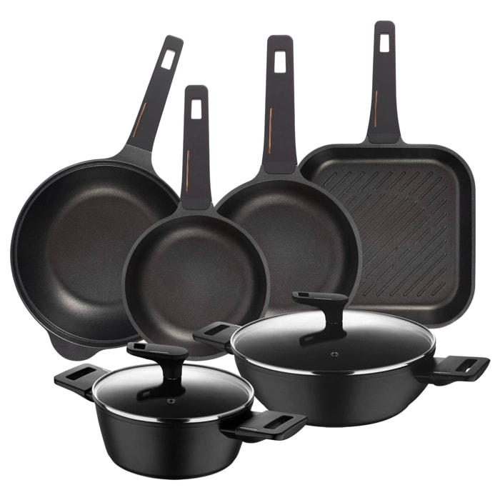 Set de Cocina con 2 Cacerolas Ø20Ø28cm en Aluminio forjado + 2 Sartenes Ø20Ø24cm + Sartén Grill 28x28cm + Wok Ø30cm en Aluminio fundido Copper Bergner