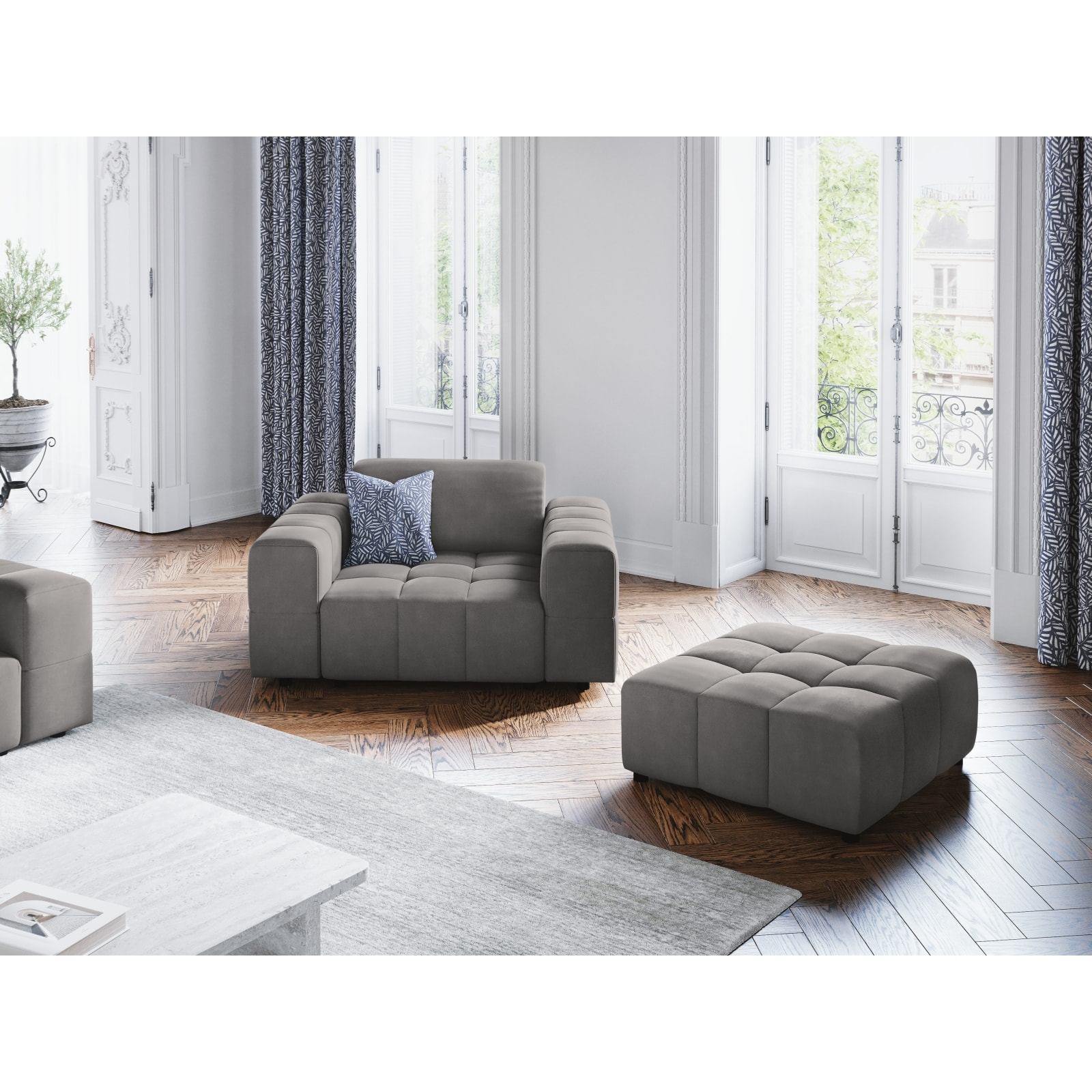 Fauteuil "Luc" en velours gris clair