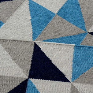 Tapis Kilim tissé à la main en laine motif Géométrique dans les teintes de Bleu