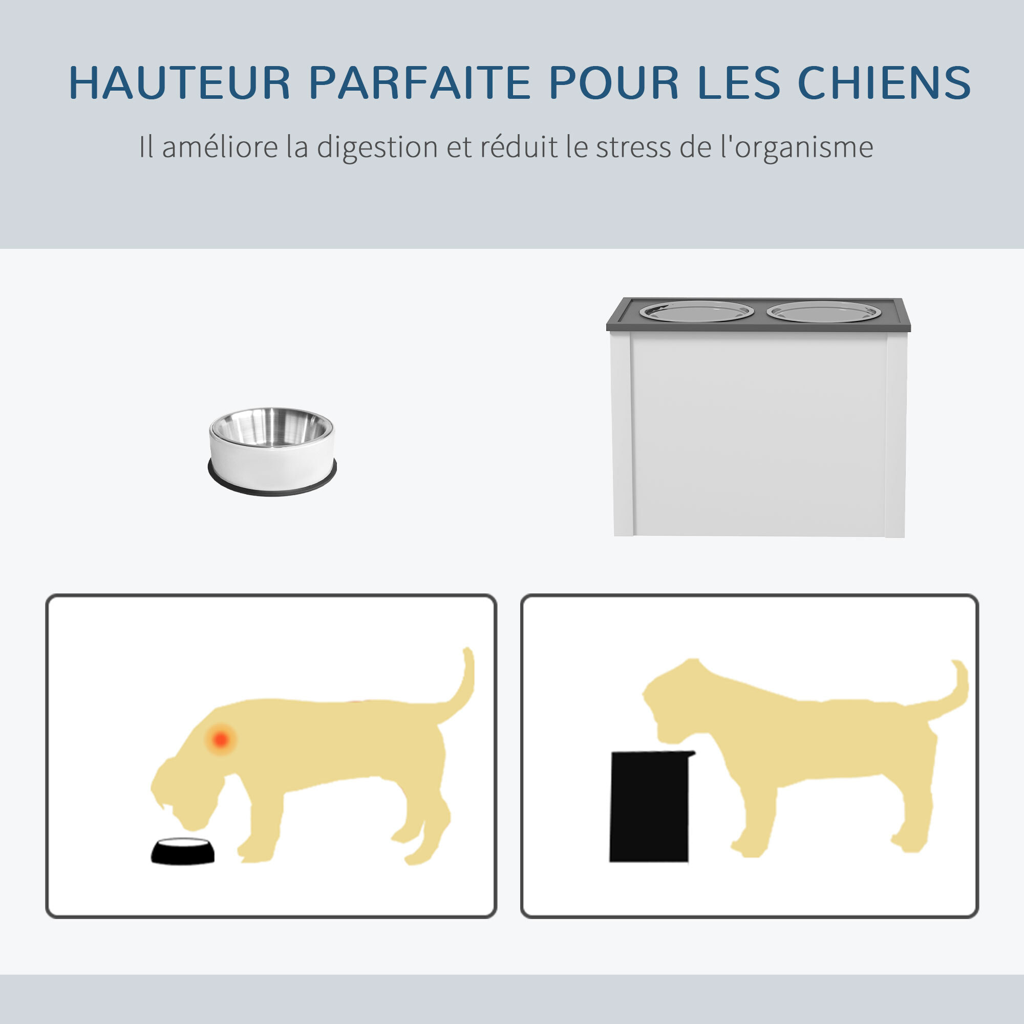 Gamelle double chien - porte-gamelles surélevé rangement 2 en 1 - tiroir, 2 gamelles - acier inox. MDF gris blanc