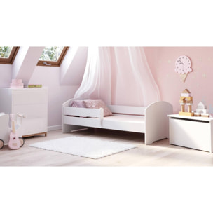 Letto singolo per bambini, Lettino per cameretta, Letto con protezione anticaduta, con testiera tonda, cm 144x78h58, colore Bianco