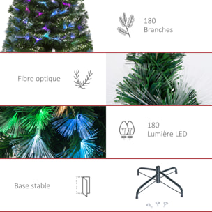 Sapin de Noël artificiel lumineux fibre optique LED multicolore + support pied Ø 74 x 150H cm 180 branches étoile sommet brillante vert