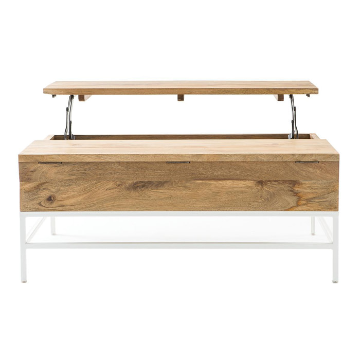 Table basse relevable rectangulaire bois clair manguier massif et métal blanc L110 cm BOHO