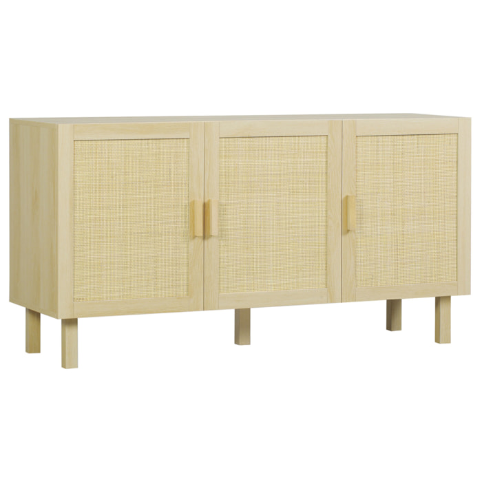 Aparador 3 Puertas de Rejilla de Ratán Aparador para Salón Nórdico con Estantes Ajustables para Comedor Entrada Dormitorio Natural 136x41x70 cm