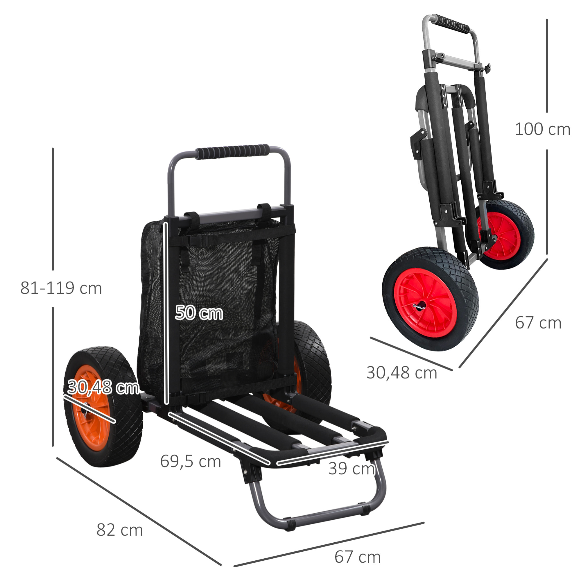 Carro Playa Plegable, Carro Transporte con Grandes Ruedas de 30 cm para Todo Terreno, con Bolsillo de Malla y Mango Telescópica de Aluminio, para Jardín, Campaña, Compra, Carga 150 kg, Gris