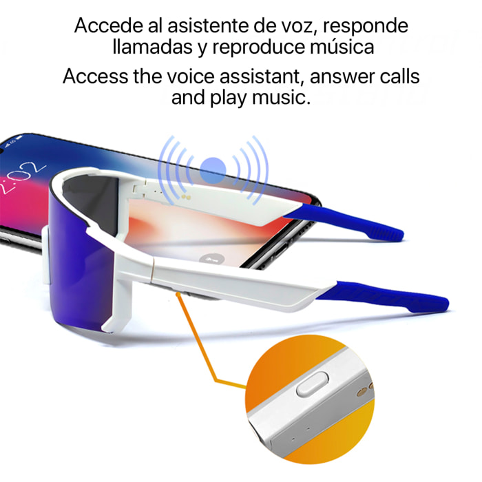 Gafas deportivas inteligentes QY01, llamada bluetooth, asistente de voz, control remoto de la cámara.