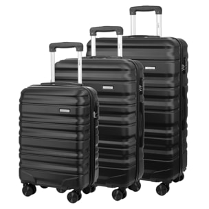 Set di 3 valigie Trolley, in materiale leggero ABS ad alta resistenza. Chiusura numerica e 4 ruote girevoli a 360°.