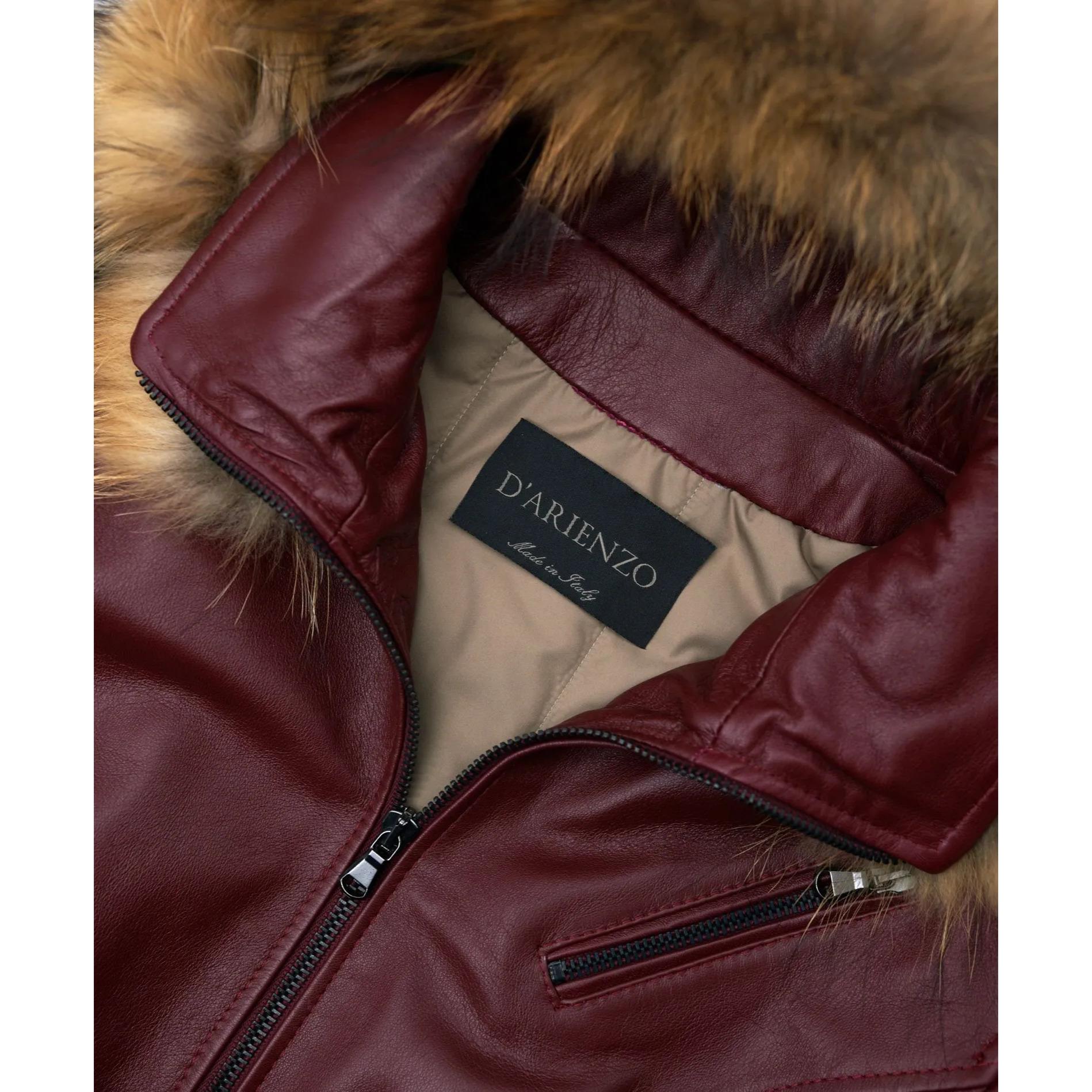 Parka in pelle bordeaux cappuccio in pelliccia effetto vintage