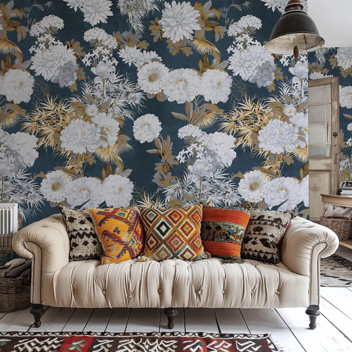 Carta da Parati Floreale Blu e Oro