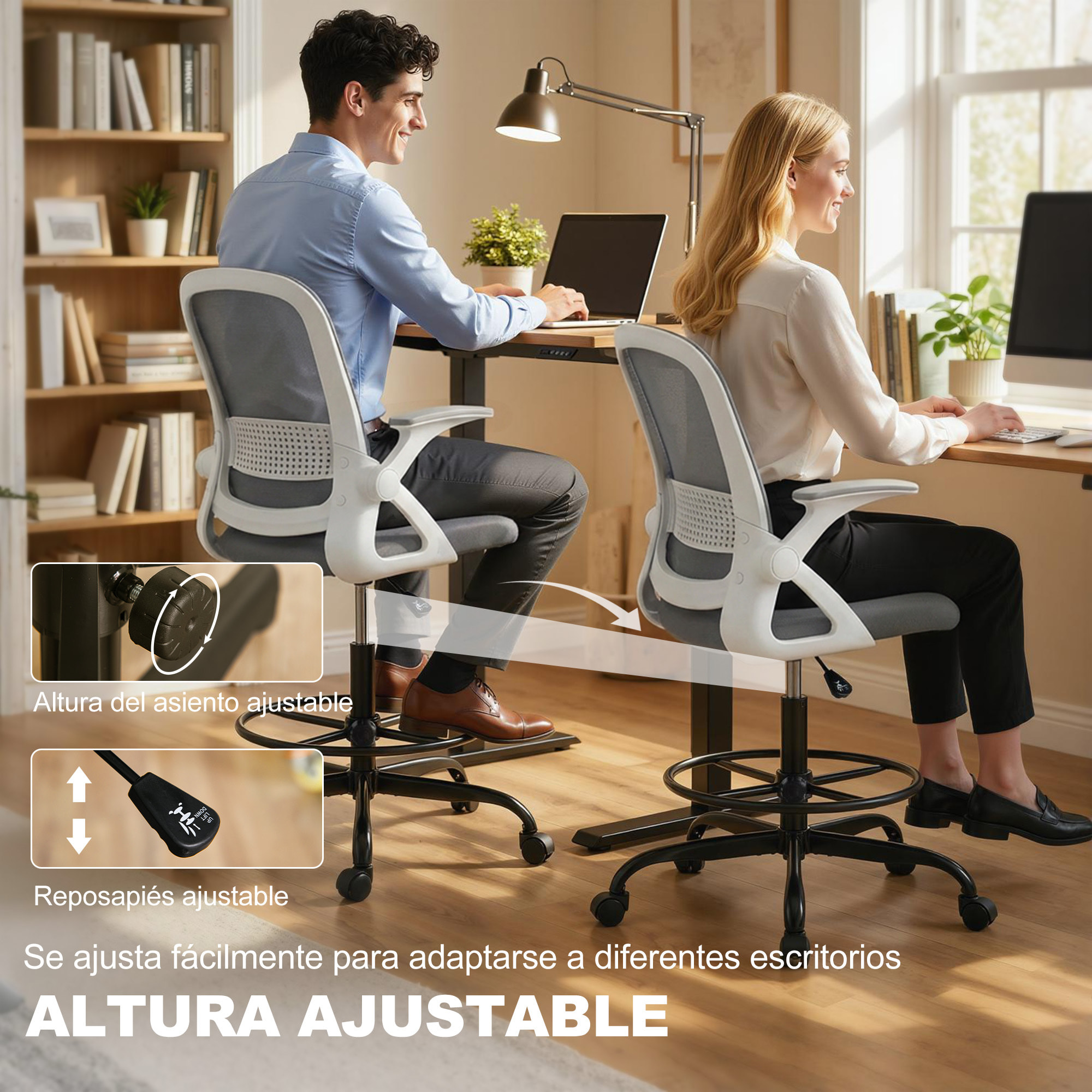 Silla de Escritorio de Malla, Silla de Dibujo con Reposabrazos Abatibles, Altura Ajustable, Soporte Lumbar, Reposapiés, Ruedas Giratorias para Oficina, Estudio, Gris
