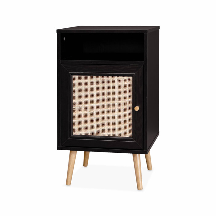 Table de chevet en cannage - Bohème - 40x39x65.8cm. noir - 2 niveaux - 1 porte - 1 espace de rangement - pieds scandinaves