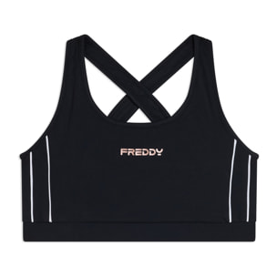 Top medio supporto in jersey tecnico con spalline incrociate