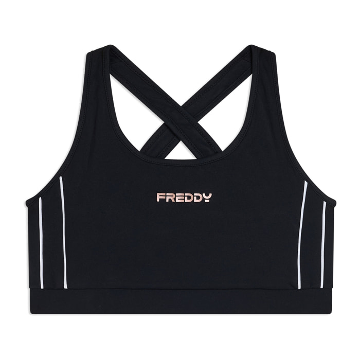 Top medio supporto in jersey tecnico con spalline incrociate