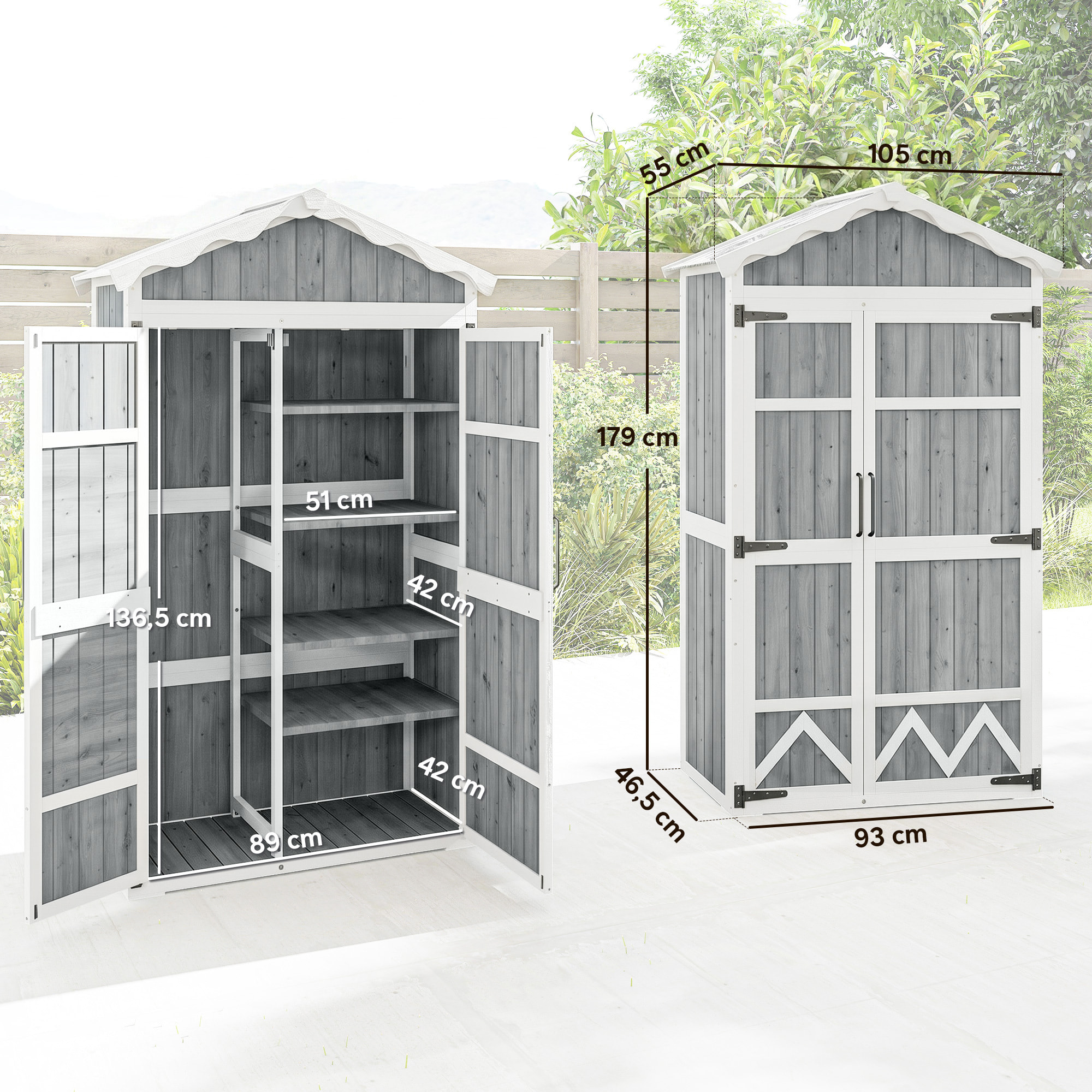 Caseta de Jardín de Madera 105x55x179 cm Cobertizo Jardín Exterior Impermeable Armario Exterior Herramientas con Puertas 4 Estantes Extraíbles Techo Metal Galvanizado Pies Ajustables Gris