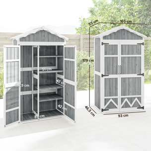 Caseta de Jardín de Madera 105x55x179 cm Cobertizo Jardín Exterior Impermeable Armario Exterior Herramientas con Puertas 4 Estantes Extraíbles Techo Metal Galvanizado Pies Ajustables Gris