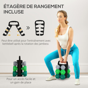 Support noir pour 6 haltères vinyles - 6 haltères incluses total 24 Kg - noir gris vert