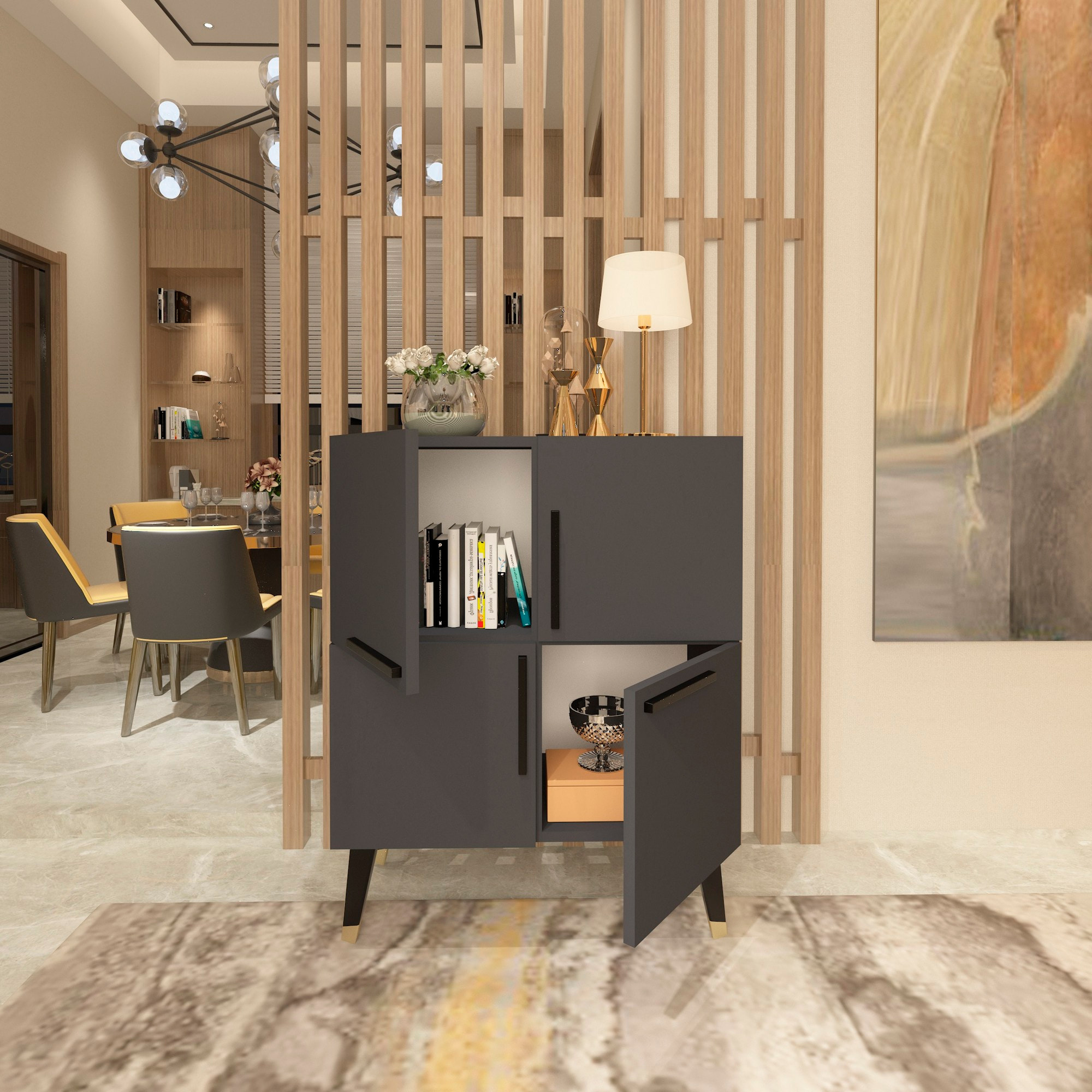 Mueble de nogal antracita con 100% tablero aglomerado rechapado en melamina.