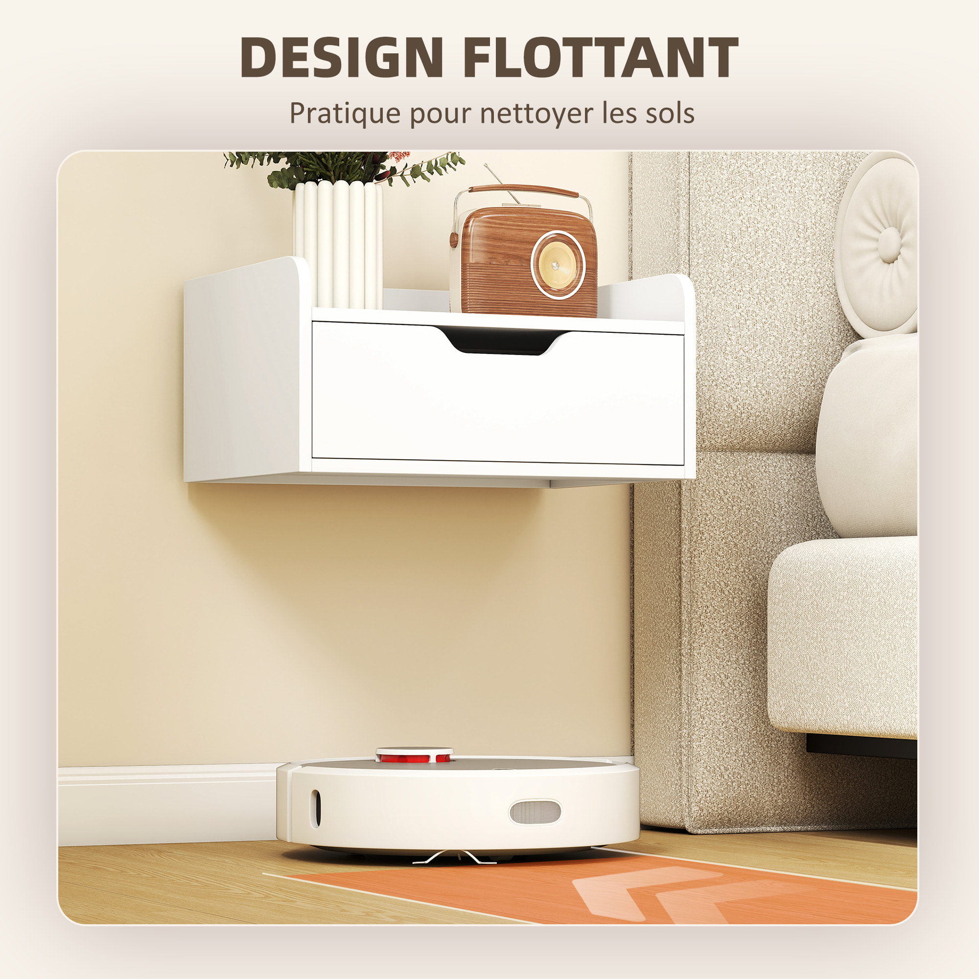 Lot de 2 chevets tables de nuit murales - tiroir coulissant, plateau - blanc