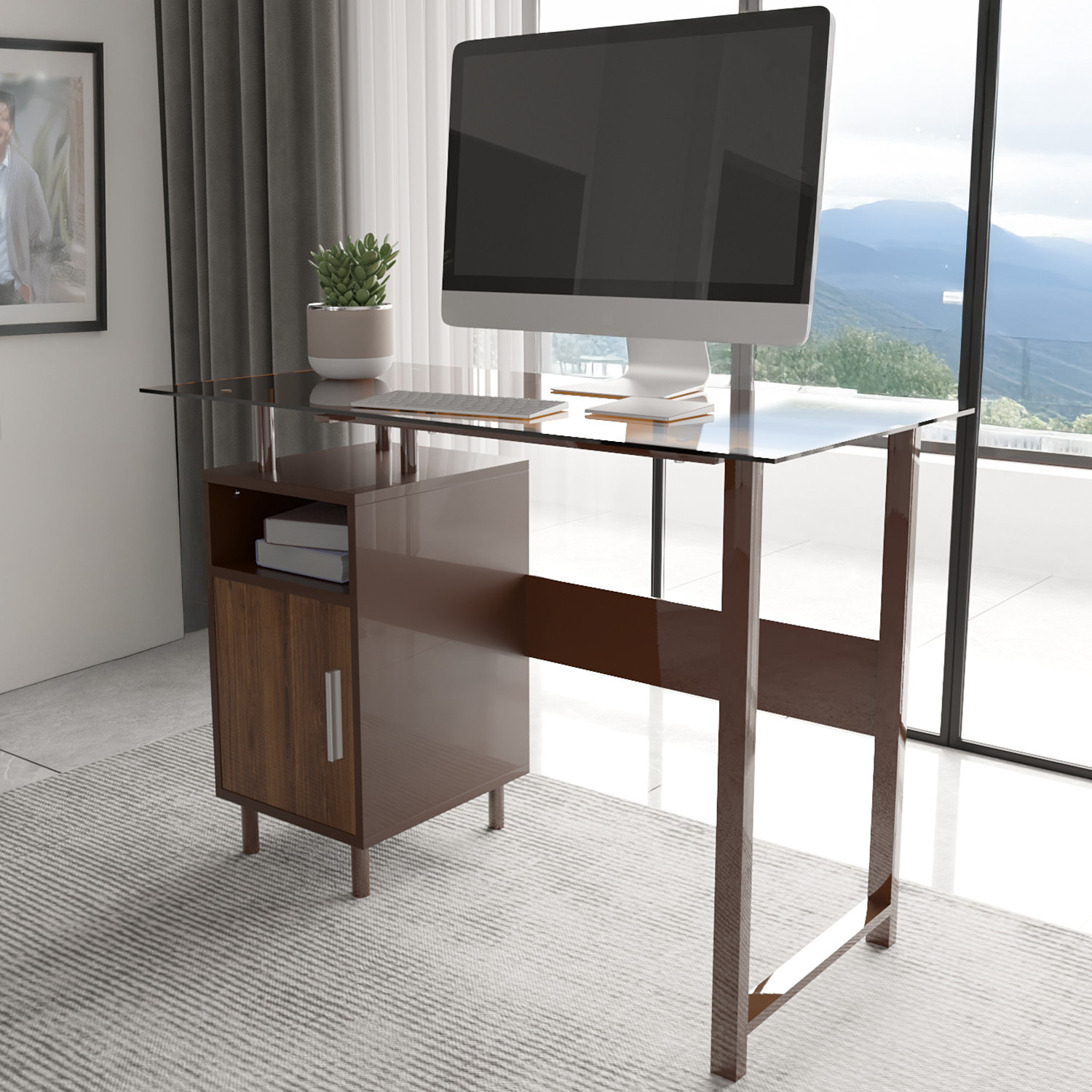 Scrivania Con Ripiano Lucido Vetro Con 2 Scomparti Scrittoio Mobile Computer Desk Ufficio Studio Cameretta Soggiorno Sala Pranzo 110x76.5x55 cm Rovere