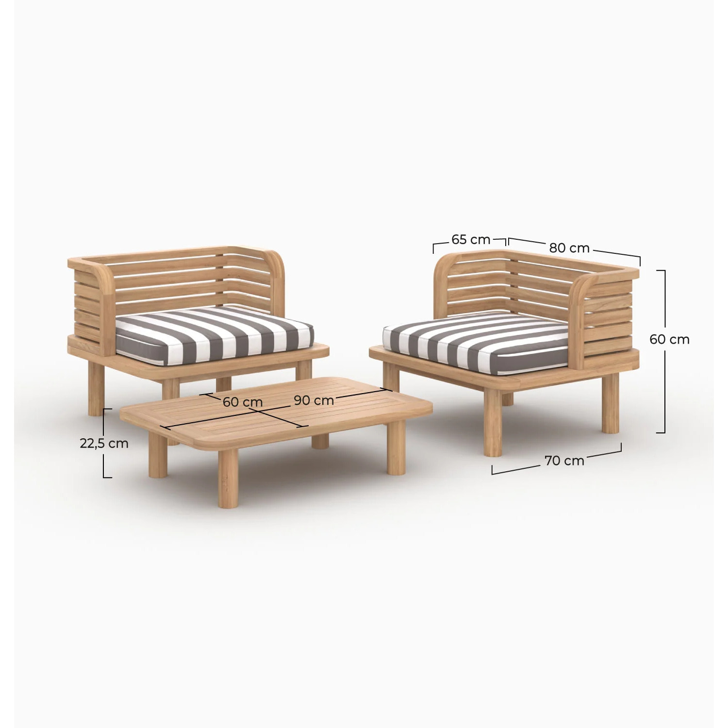 Salon de jardin 2 places en teck et tissu rayé gris, 2 fauteuils - Kilda