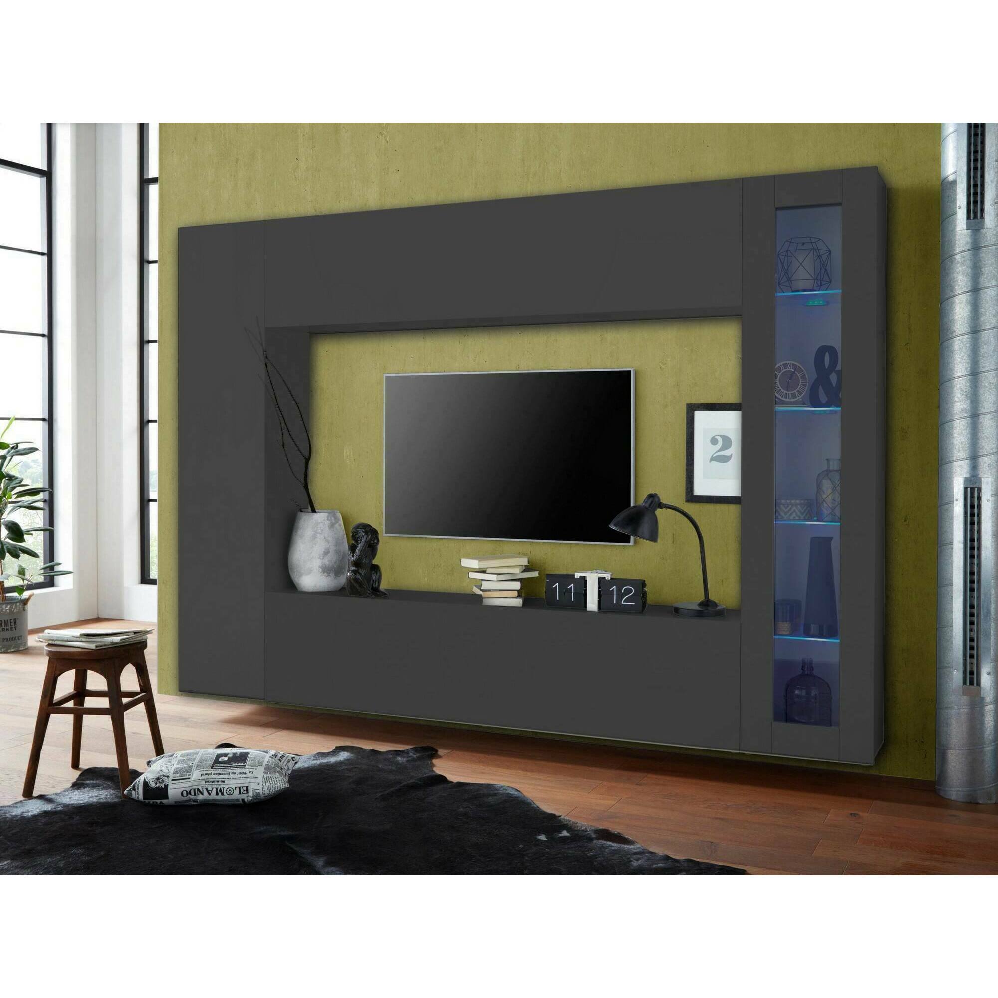 Parete attrezzata Donatello, Set salotto porta TV, Mobile soggiorno multiuso con vetrina e luce LED, 100% Made in Italy, cm 260x30h180, Antracite