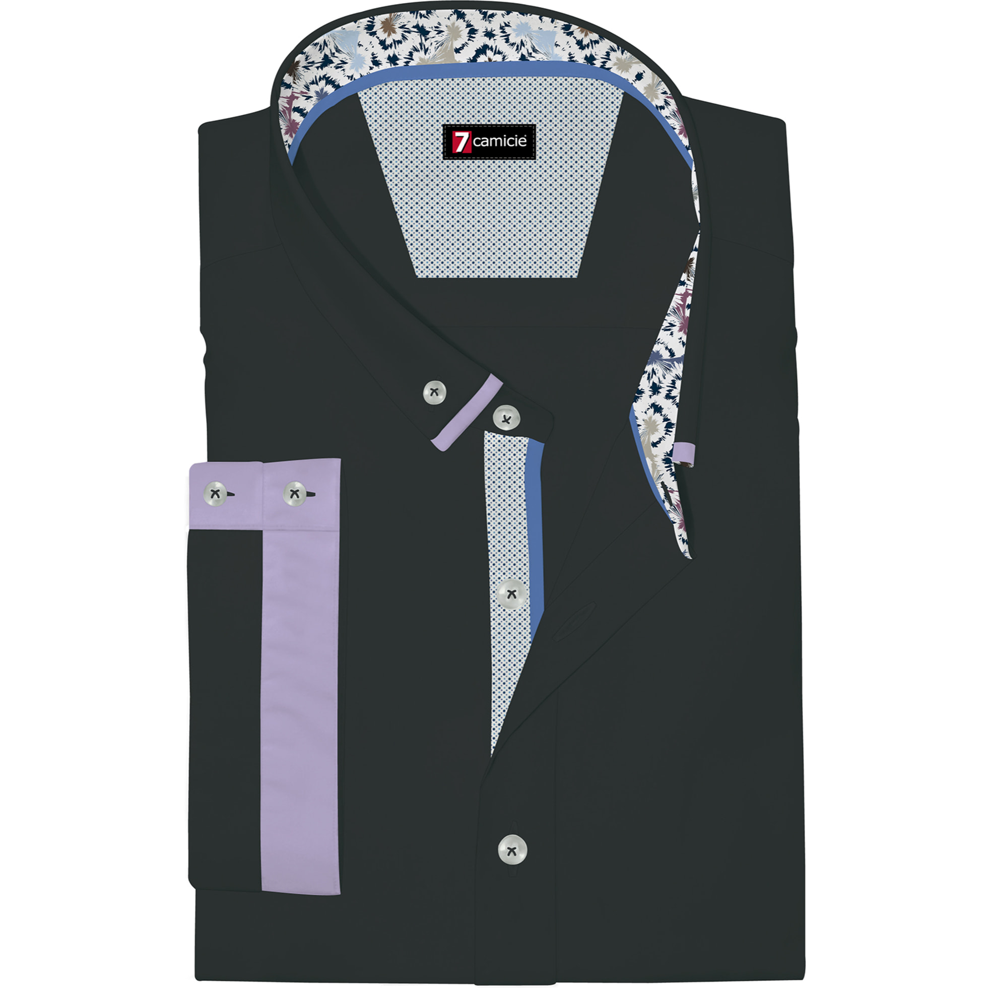 camicia uomo slim 1 bottone button down doppio collo Popeline Stretch Unito Nero