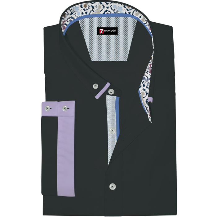camicia uomo slim 1 bottone button down doppio collo Popeline Stretch Unito Nero