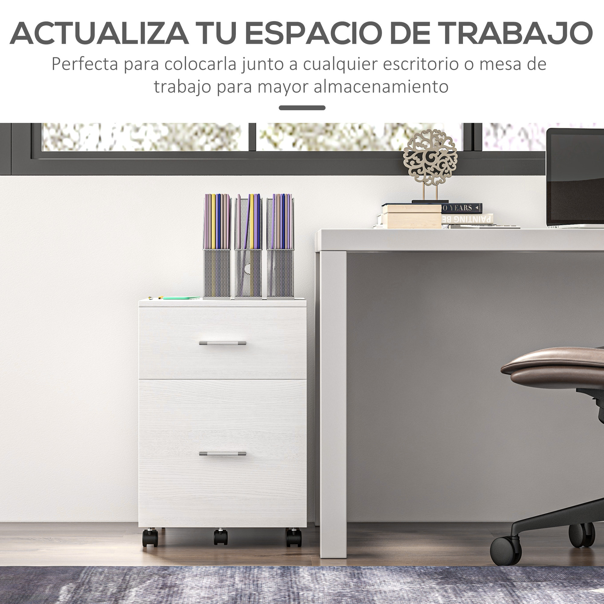 Cajonera de Escritorio con 2 Cajones, Cajonera de Oficina con Ruedas, Archivador Móvil, para Archivos A4 o Cartas, para Estudio, Salón, 39,5x39x58,5 cm, Blanco
