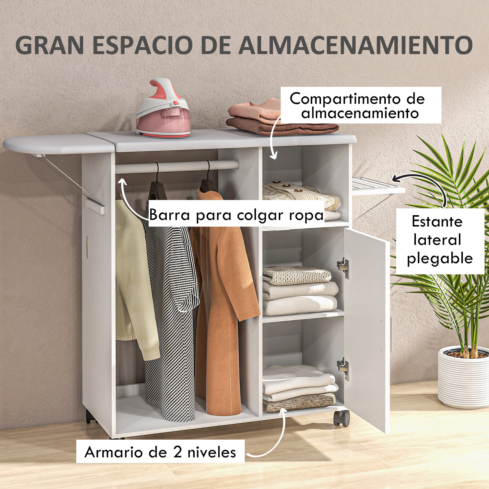 HOMCOM Mueble de Planchar de Madera Mueble de Planchado Tabla de Planchar Plegable con Ruedas Barra para Colgar Ropa Estante Abierto para Sala Dormitorio 107x42,5x99 cm Blanco