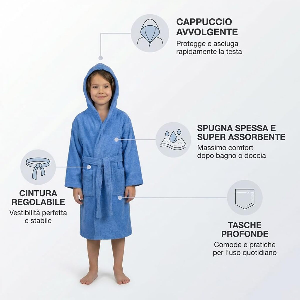 Accappatoio bambino in spugna di cotone assorbente e morbido, delicato su pelli sensibili, asciugatura rapida dopo bagno e piscina, confortevole e pratico per uso quotidiano, certificato OEKO-TEX senza sostanze nocive, ideale per bambini e bambine