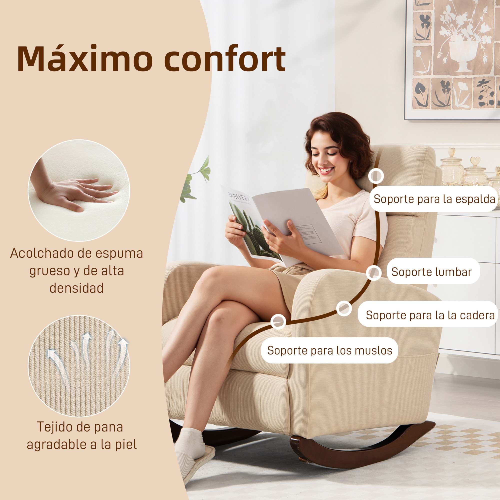 Silla Mecedora, Mecedora de Pana con Respaldo Alto, Patas de Madera de Caucho, Bolsillos, Reposabrazos, Estilo Moderno, Sillón de Lactancia, Carga 120 kg, para Dormitorio, Salón, Beige
