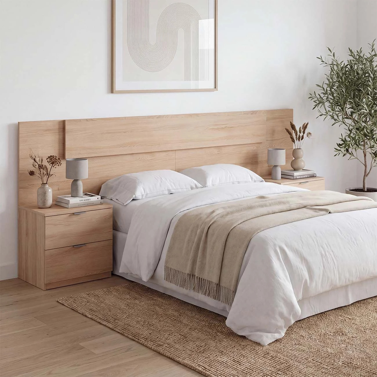 Cabecero para cama de 135-150 cm y 2 mesitas con cajones en roble canadian Akari Roble Canadian
