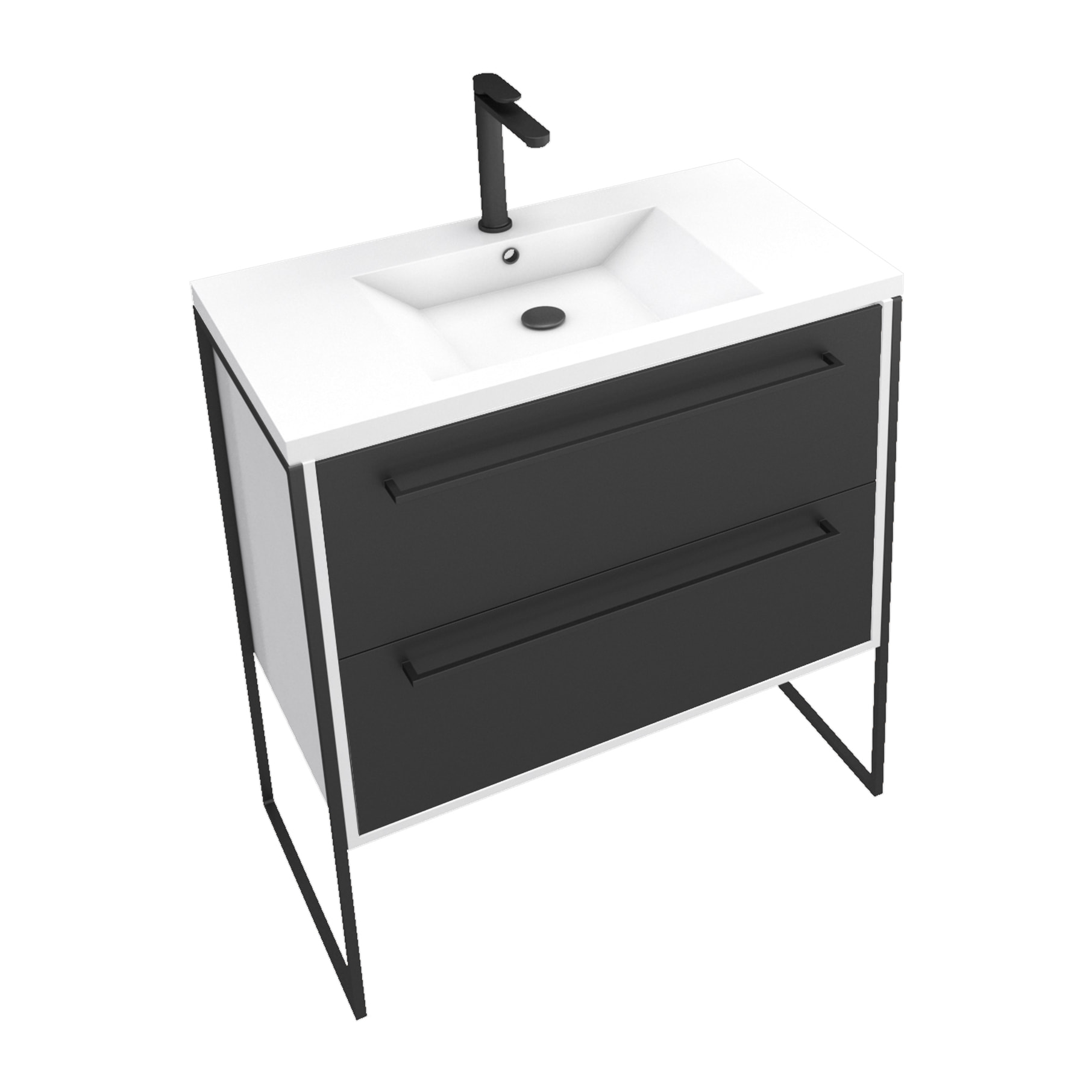 Meuble de salle de bain 80x50cm Blanc - 2 tiroirs noir mat - vasque résine blanche - STRUCTURA P021