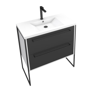 Meuble de salle de bain 80x50cm Blanc - 2 tiroirs noir mat - vasque résine blanche - STRUCTURA P021