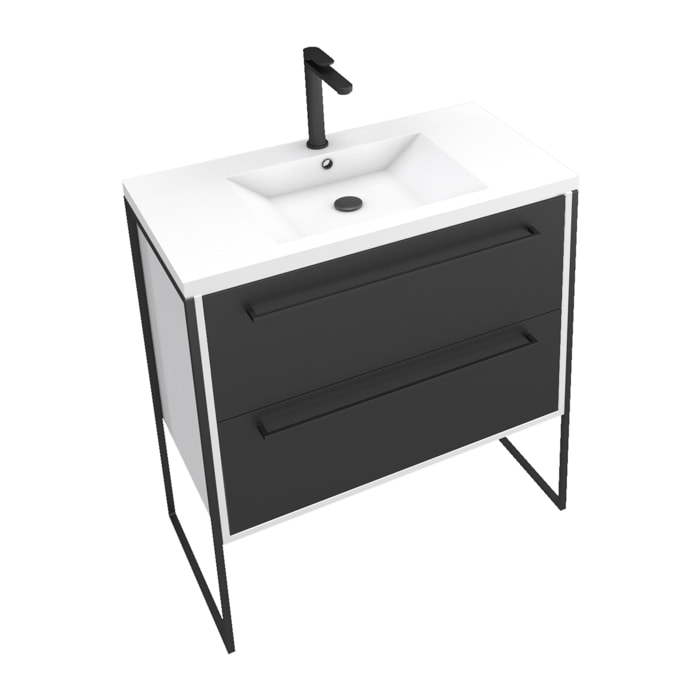 Meuble de salle de bain 80x50cm Blanc - 2 tiroirs noir mat - vasque résine blanche - STRUCTURA P021