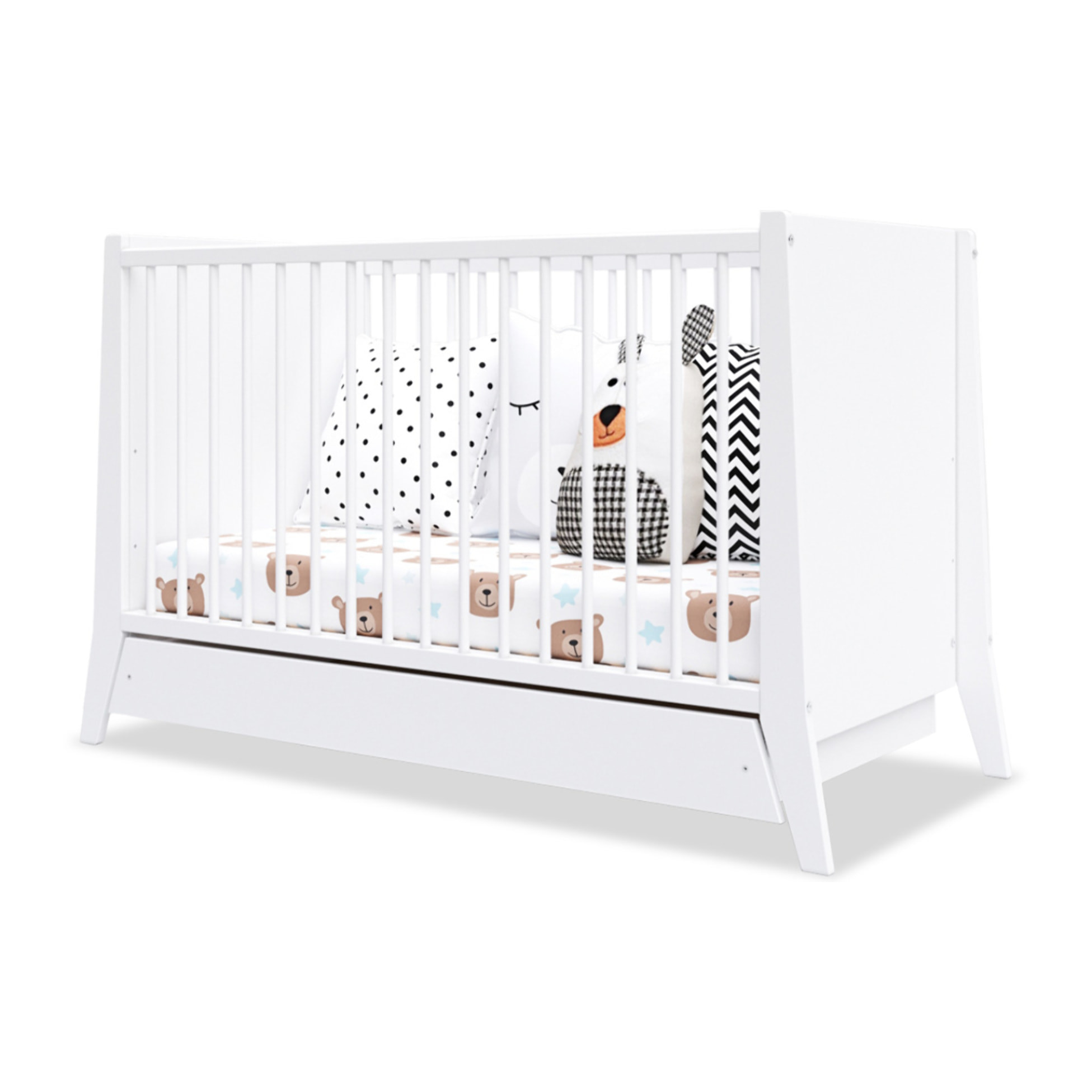 Lit Evolutif Timéo à barreaux 60 x 120 cm, Blanc, en Bois, 3 Hauteurs, Tiroir intégré, Barreaux amovibles