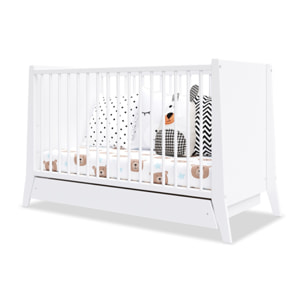 Lit Evolutif Timéo à barreaux 60 x 120 cm, Blanc, en Bois, 3 Hauteurs, Tiroir intégré, Barreaux amovibles
