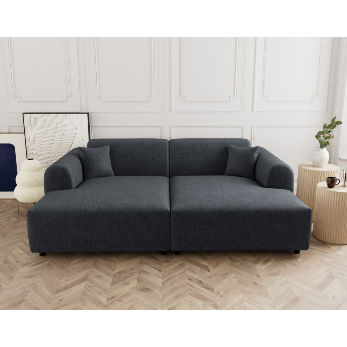 Aumance - canapé droit 4 places avec double méridienne assise profonde en velours texturé - Gris foncé