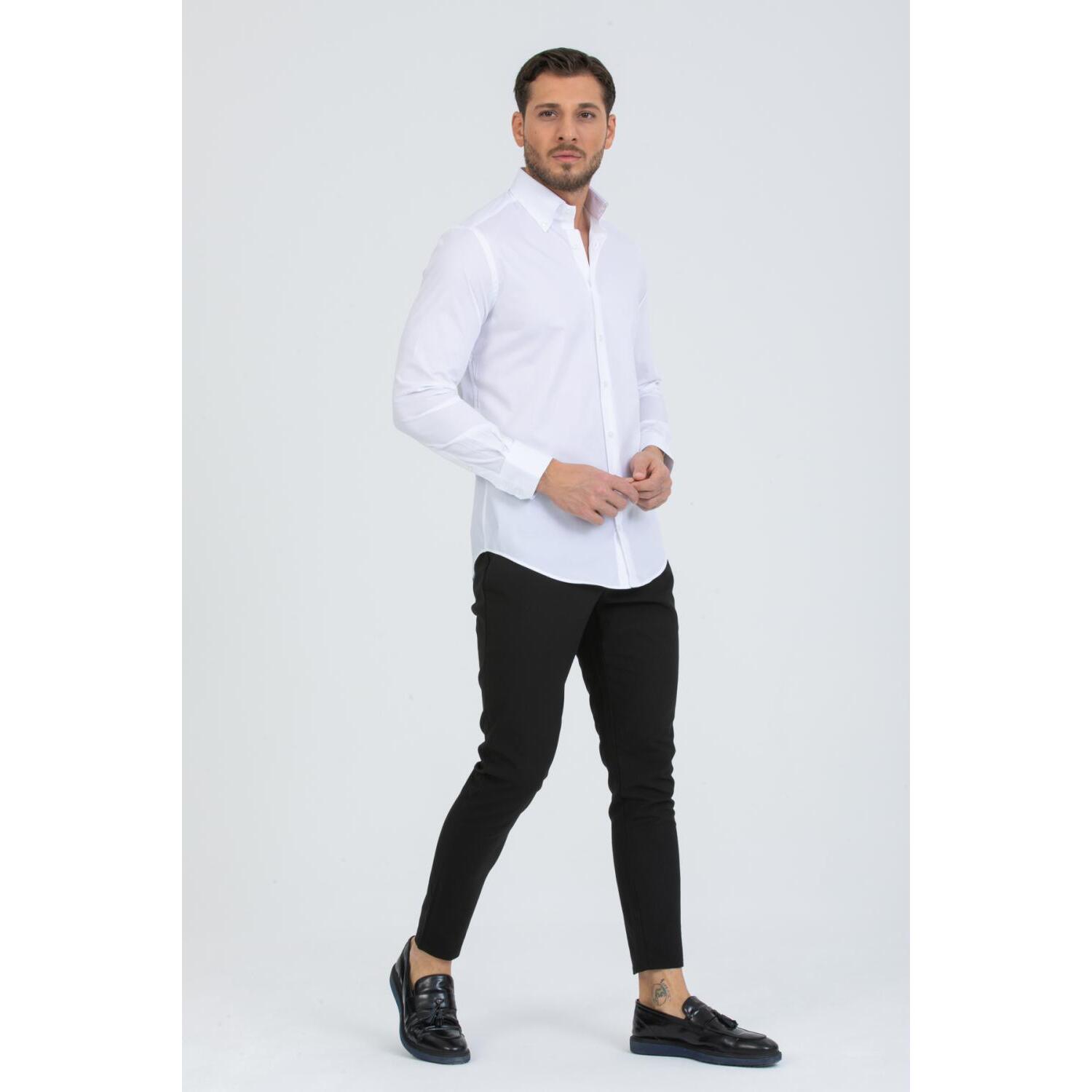 Camicia Uomo 2 Bottoni Button Down Slim Popeline Stretch Unito Bianco