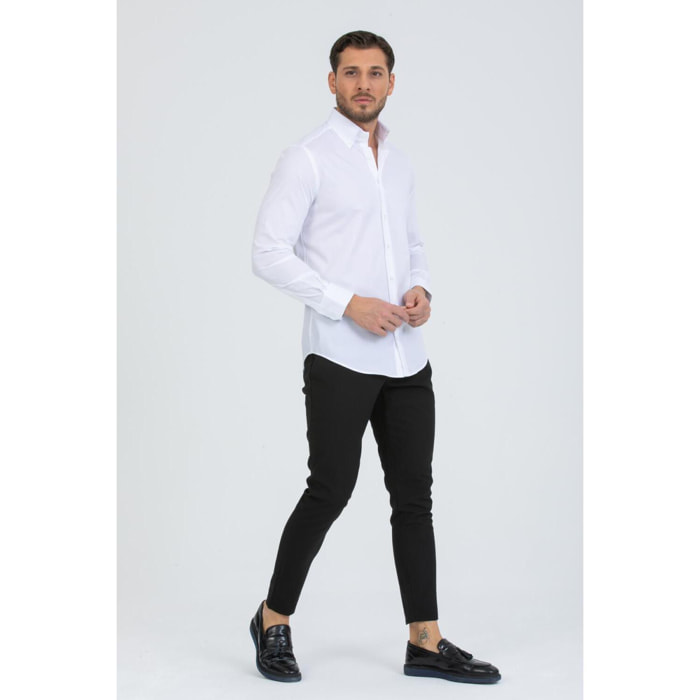 Camicia Uomo 2 Bottoni Button Down Slim Popeline Stretch Unito Bianco